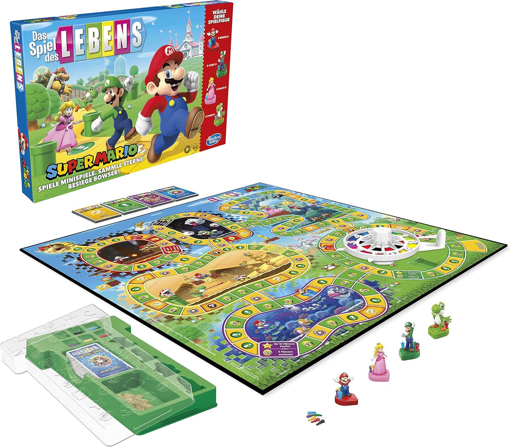 Joc de societate Hasbro The Game of Life Super Mario pentru copii cu vârsta de 8 ani și peste, joacă mini-jocuri, colectează stele și luptă cu Bowser