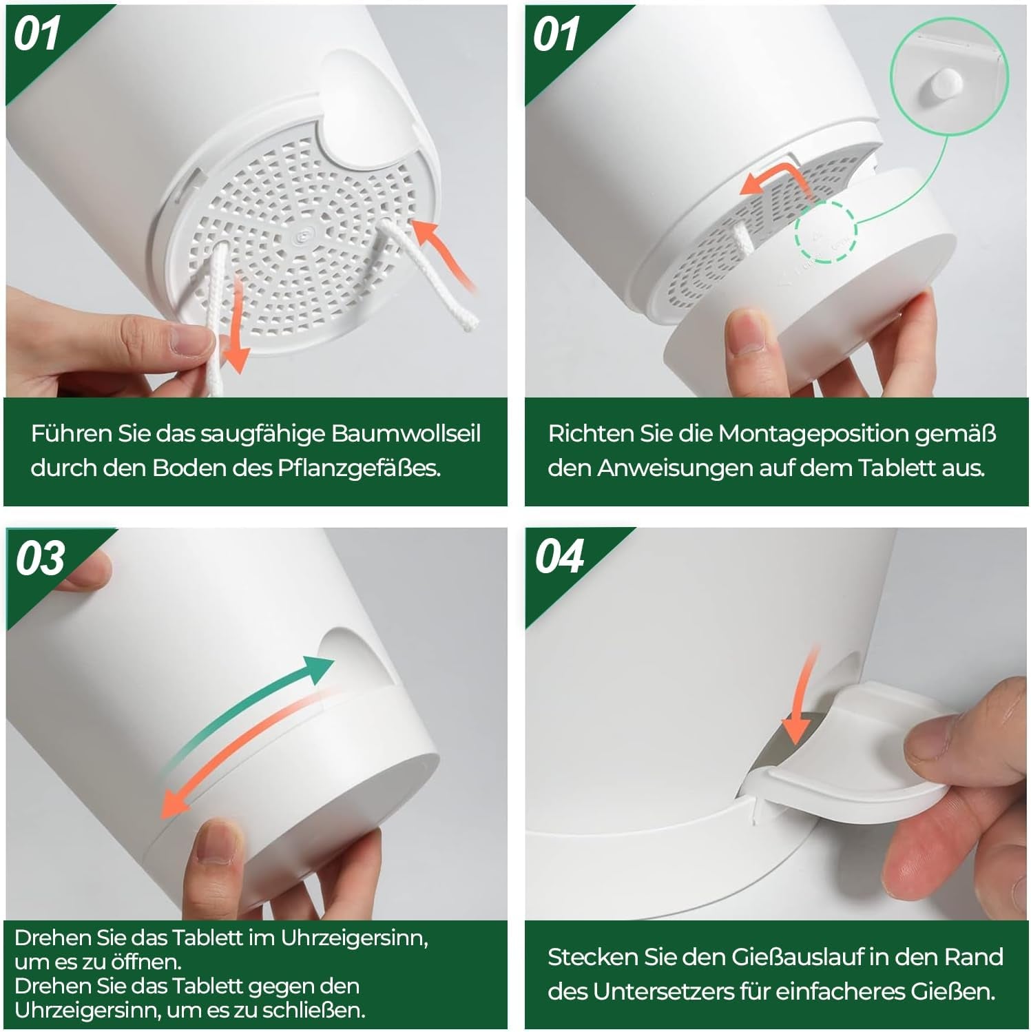 Ghiveci de flori din plastic T4U de 14 cm cu sistem de udare, set de 6 ghivece cu auto-udare și farfurioare, ghivece rotunde pentru plante de grădină de interior și balcon, suculente, cactuși, alb