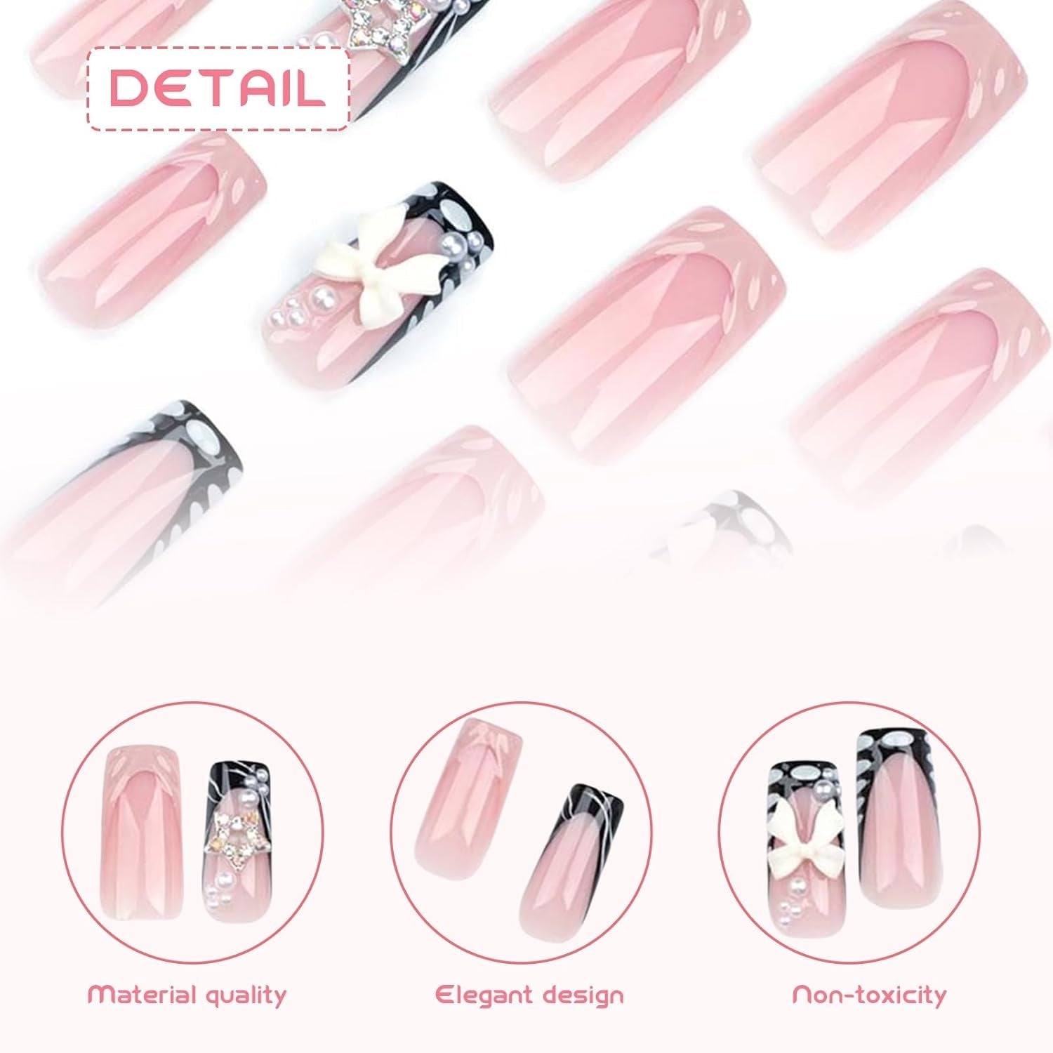 24 bucăți unghii false de lungime medie, cu strasuri, roz, pătrate, perlate, strălucitoare, unghii false 3D pentru femei și fete