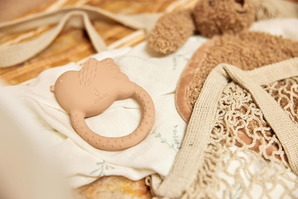 Inel de dentiție din cauciuc natural Jollein pentru bebeluși - Păsări frumoase - Inel de dentiție pentru bebeluși - Ajutor pentru dentiție - Fără substanțe nocive și BPA - Jucărie pentru bebeluși