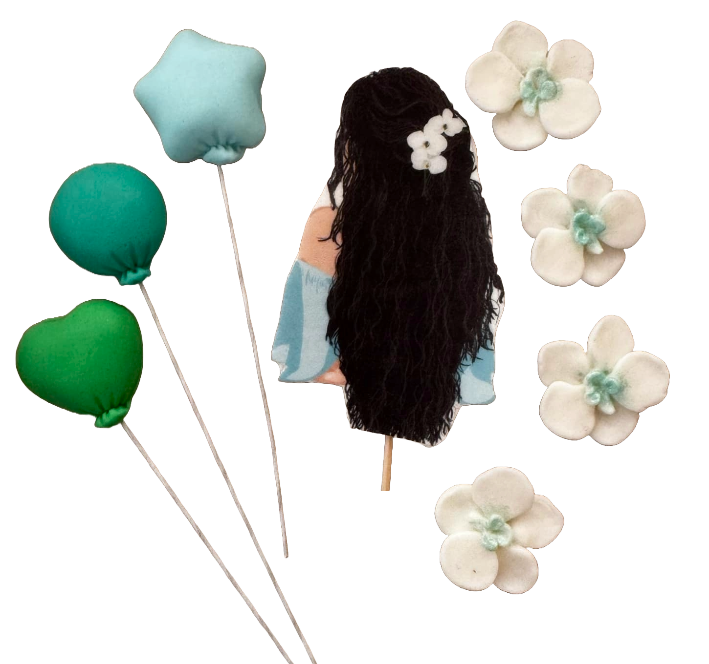 Set 8 decoratiuni comestibile din pasta de zahar, Beautiful Lady, par negru Decoratiuni din Pasta de Zahar Naty Shop