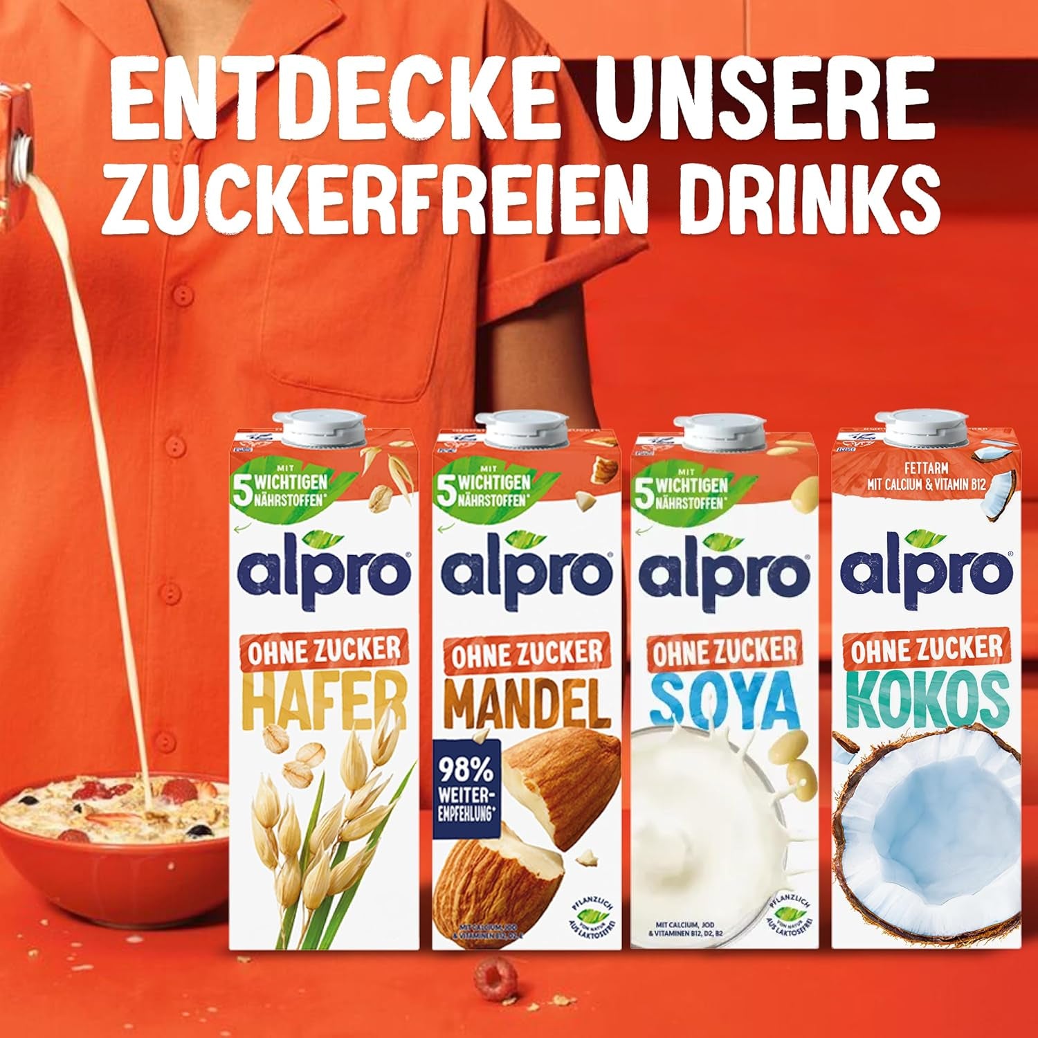 Alpro Haferdrink ohne Zucker – Milchalternative auf Haferbasis – Vegan und laktosefrei – Reich an Ballaststoffen, Calcium und Vitaminen – 8 x 1 L