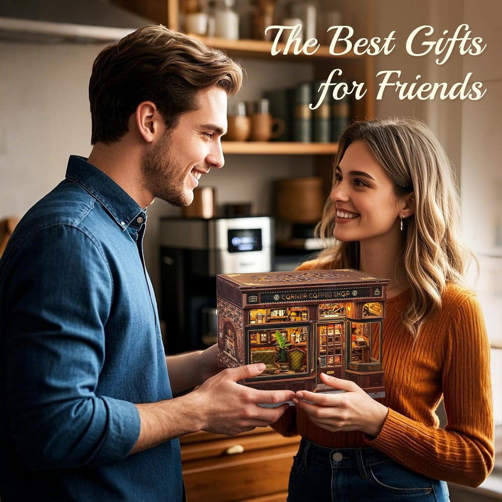 Kit Colț de Cărți CUTEBEE – Căsuțe de Păpuși DIY, Kit de Construit Căsuțe Miniatură pentru Adulți cu Lumină LED, Puzzle 3D din Lemn și Suport de Cărți – Decorațiune Raft de Cărți și Cadou (Cafeneaua din Colț)