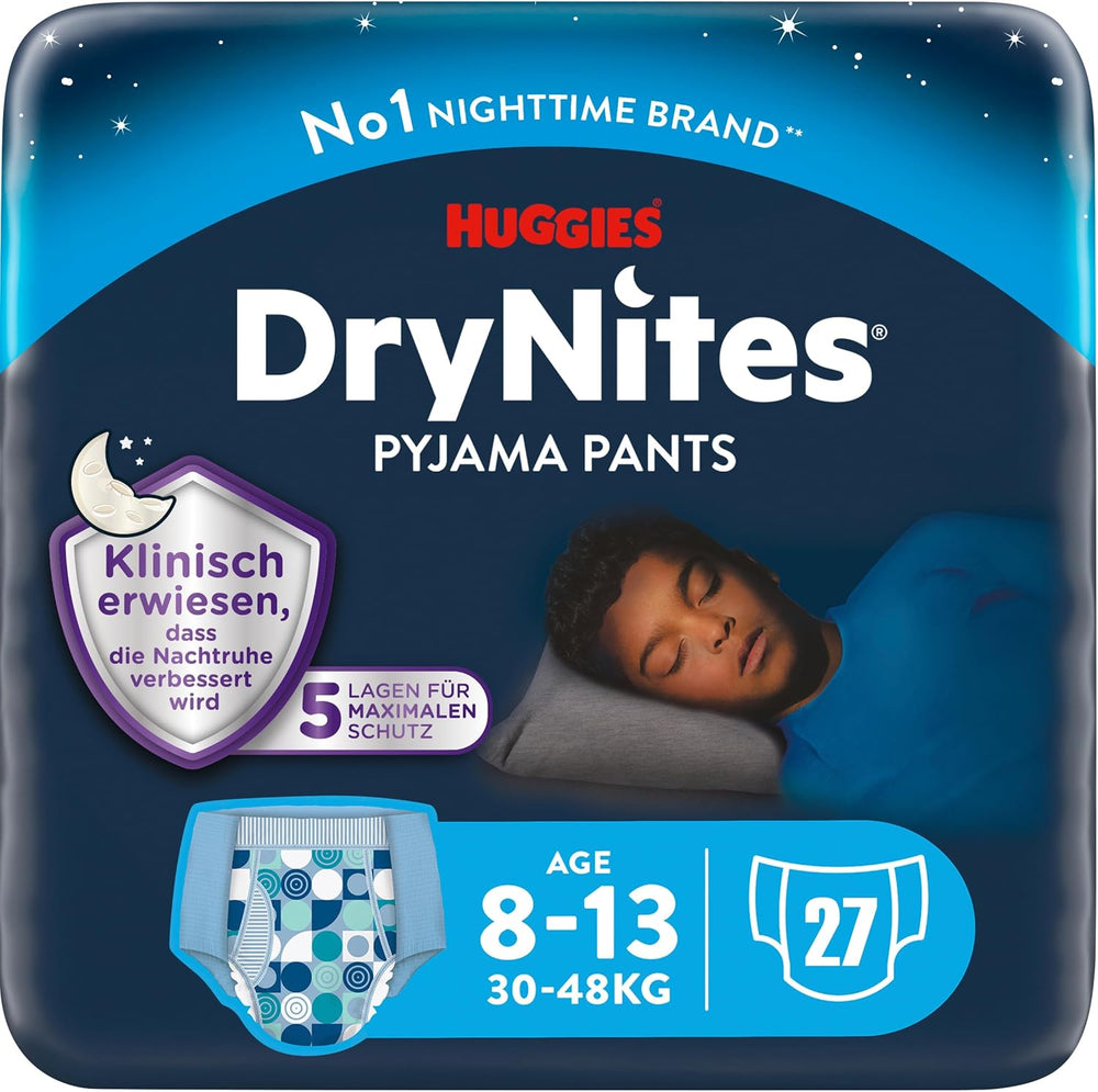 Scutece Huggies DryNites foarte absorbante pentru noapte, pentru enurezis, pentru băieți 8-13 ani (30-48 kg), 27 bucăți (3 x 9 bucăți), scutece-chiloți