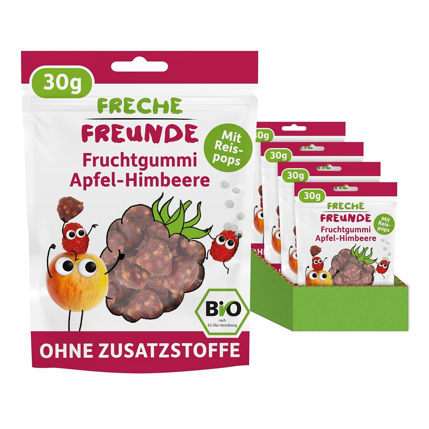 FRECHE FREUNDE Jeleuri organice cu fructe, măr, zmeură și acadele de orez, gustare dulce-fructată pentru copii, fără gluten, vegană, pachet de 20 (20 x 30g)