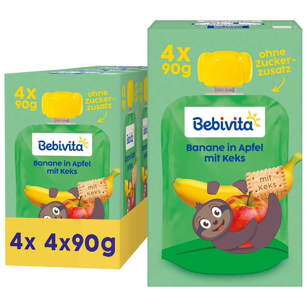 Banană în măr cu plic de biscuiți – 16 bucăți (4 pachete, 4 x 90g fiecare), fără zahăr adăugat, făcute din fructe blânde și cereale valoroase, ideale pentru gustări la pachet și pentru deplasare