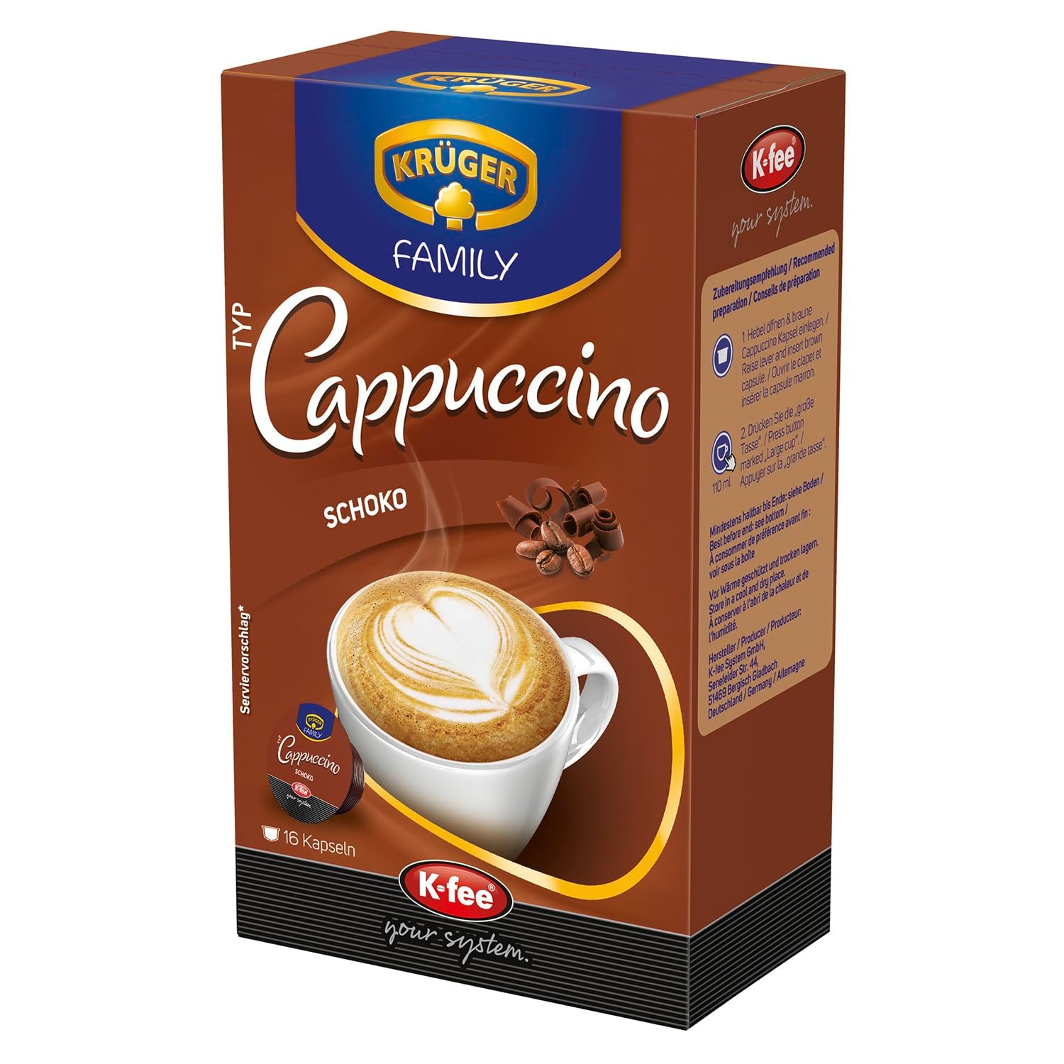 KRÜGER Cappuccino Schoko Kaffeekapseln, kompatibel mit K-fee und ALDI EXPRESSI* Kapselmaschinen, aromatisiertes Instantkaffee, 96 Kapseln