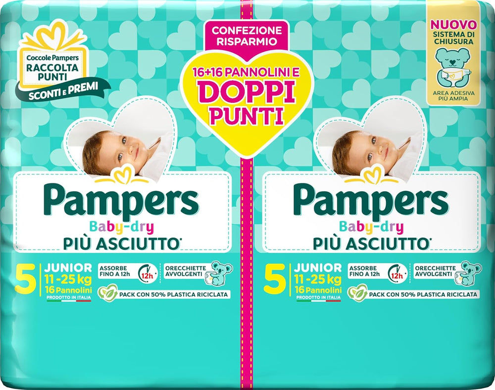 Scutece Pampers Baby Dry Junior DWCT, pachet dublu, mărimea 5 (11-25 kg), 32 de scutece