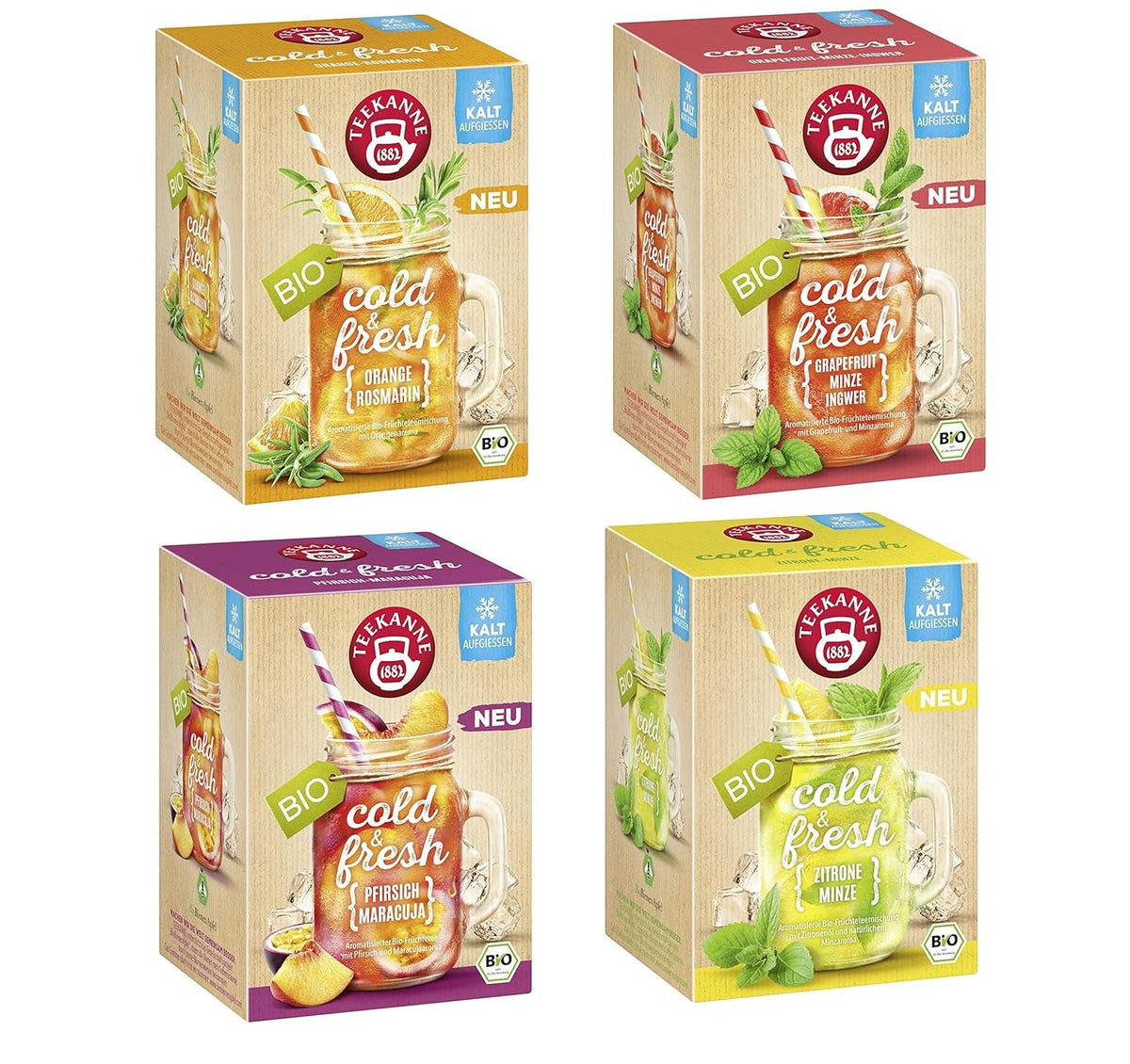 Teekanne Cold &amp; Fresh BIO 4Er Mix - Cu noile sortimente lămâie-mentă, piersică-maracuja, portocală-rozmarin, grapefruit-mentă-ghimbir (4 X 45G)