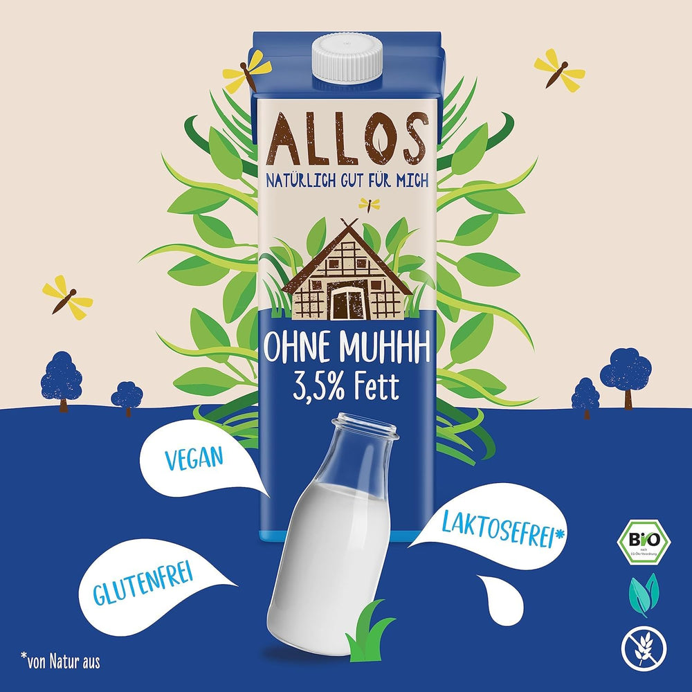 Allos Bio Ohne Muhhh 3,5% | Milchalternative | Drink auf Pflanzenbasis | vegan | schäumbar | perfekt für Kaffee | laktosefrei | Quelle von Calcium und Vitaminen | Reich an Protein | 1 Liter (6 Stück)
