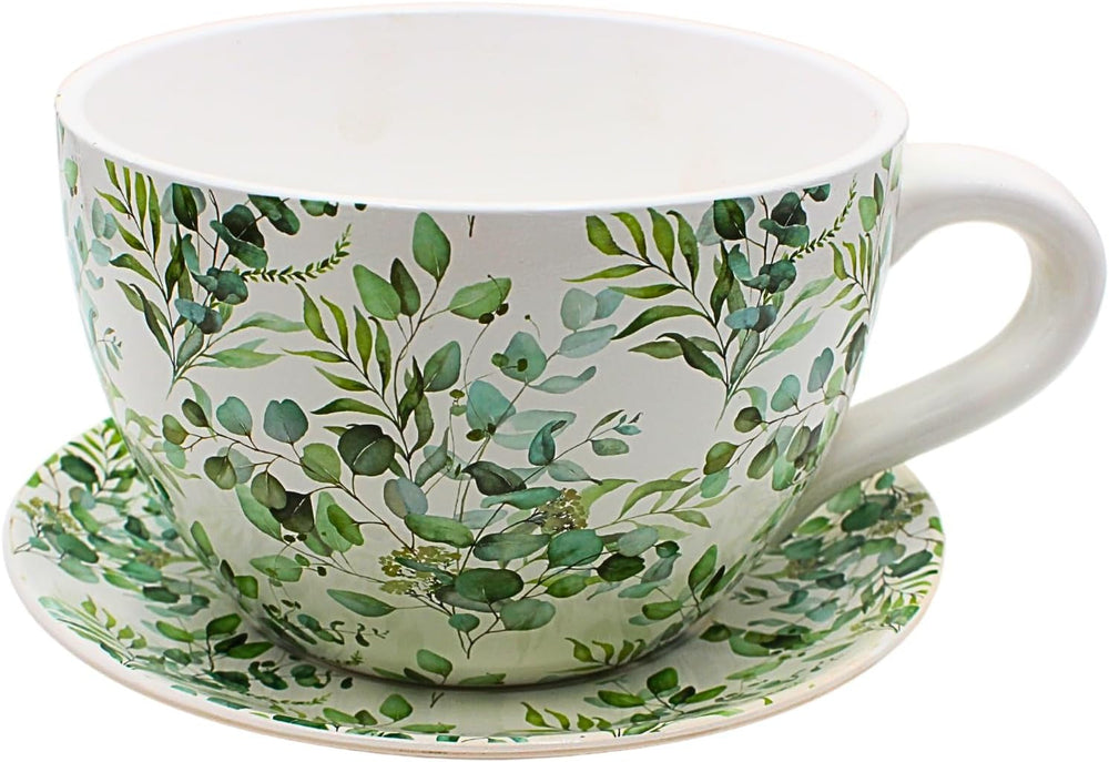 Ghiveci de flori Dekohelden24, jardinieră, ghiveci pentru plante, recipient pentru plante, ghiveci de flori. Ghiveci ceramic în formă de cupă cu mâner, design: lavandă, L/l/Î 25 x 23 x 14 cm.