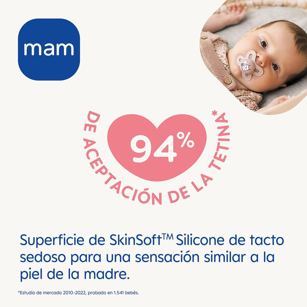 Suzetă MAM, de la 6 luni, cu tetină simetrică, plată și flexibilă, din silicon moale, ușor de utilizat, cu cutie autosterilizabilă, Original, Albastru Deschis, 2 bucăți