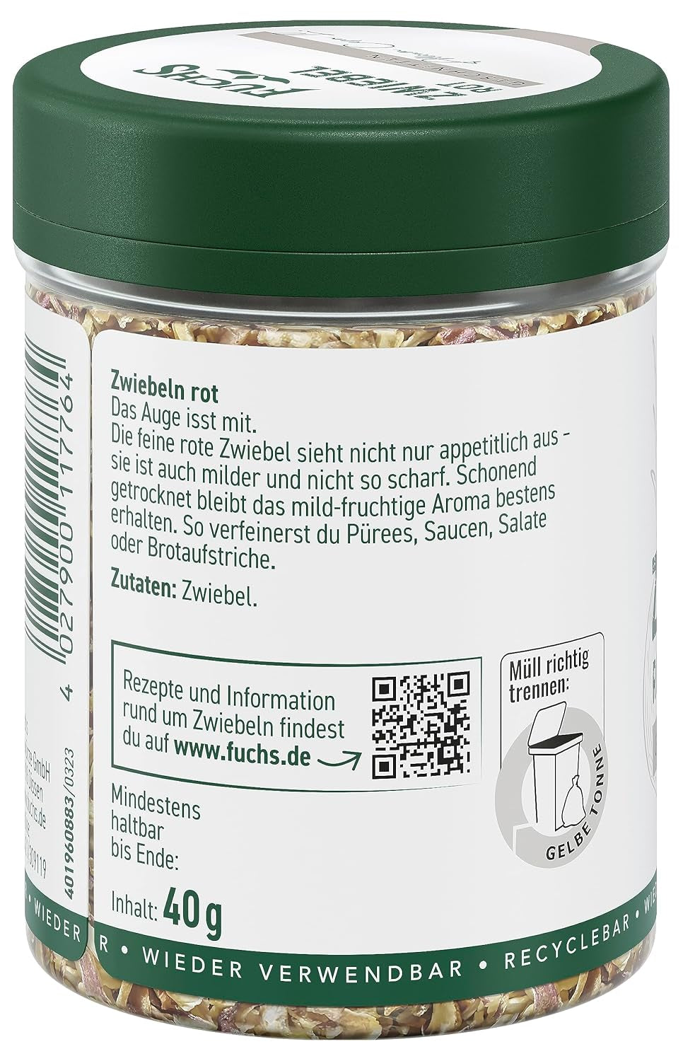 Fuchs Gewürze - Zwiebel rot geschnitten - Gewürz für Pürees, Salate oder Brotaufstriche - natürliche Zutaten - 40 g in wiederverwendbarer, recyclebarer Dose