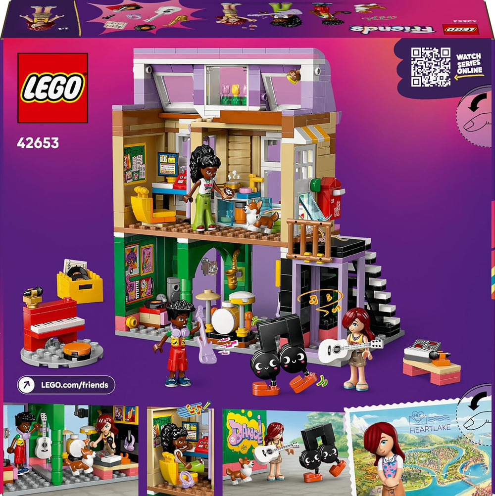LEGO Friends Musikladen & Wohnung - Spielzeug mit 3 Mini-Puppen, Einer Corgi Tierfigur und Musikinstrumenten wie Klavier, Schlagzeug, Gitarren & Zubehör - Geschenk für Mädchen ab 7 Jahren - 42653
