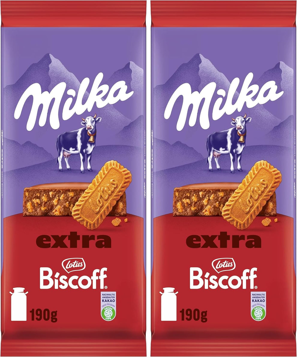 Ciocolată Milka Extra Biscoff – Ciocolată cu lapte alpină cu bucăți crocante de biscuiți Lotus Biscoff – 190g