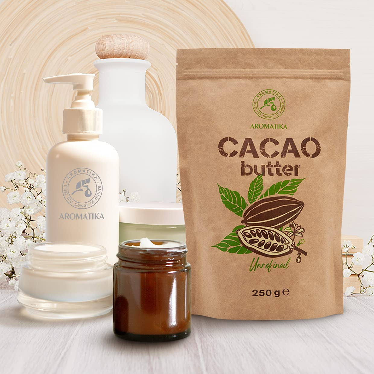 Kakaobutter - 250g - Theobroma Cacao - Roh Cacaobutter - Kakao Butter in Stücken - Kaltgepresst - Unraffiniert - Rein und Natürlich - für Speisen und Hautpflege - Cacao Butter