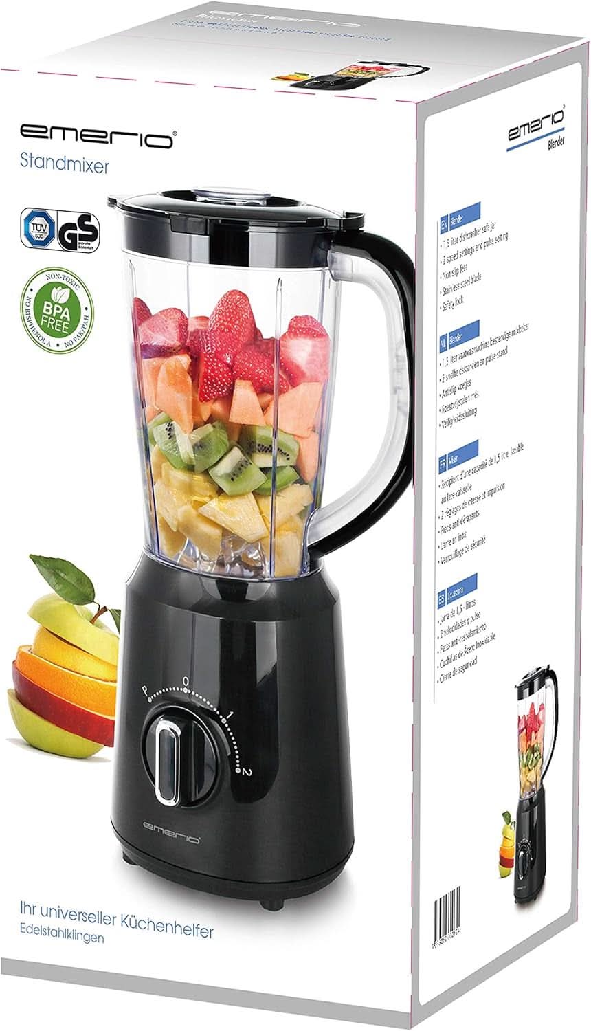 Emerio Standmixer BPA Frei Crush Ice Funktion 1.5L Behälter 2 Geschwindigkeiten + Pulse Funktion Messereinheit Aus Edelstahl Sicherheitsschalter Geschirrspülgeeignet 500 Watt BL-12816.8 Schwarz Bucatarie Naty Shop