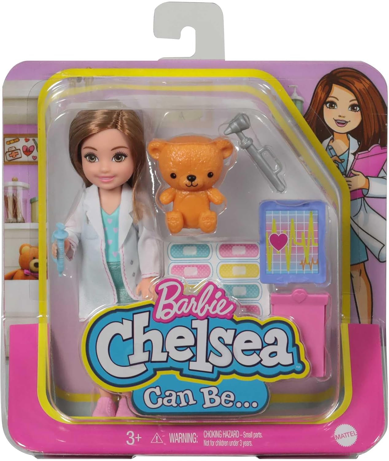 Barbie Chelsea Karriere-Spielset mit brünetter Chelsea-Puppe als Ärztin (ca. 15cm), Klemmbrett, EKG-Lesegerät, Pflaster, 2medizinischen Geräten, Teddybär, tolles Geschenk für Kinder ab 3Jahren, GTN88