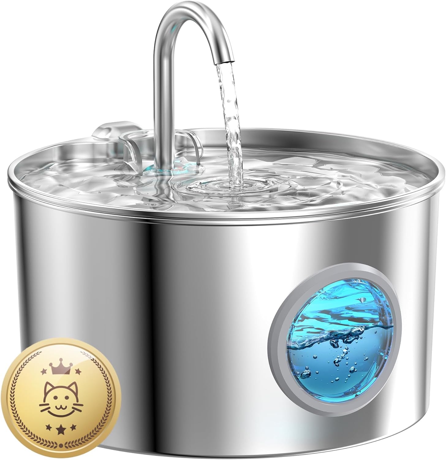 Fântână pentru pisici din oțel inoxidabil: Fântână de apă ultra-silențioasă de 2,2 l pentru pisici - Fântână de băut pentru pisici și câini cu indicator al nivelului apei - Adaptorul UE nu este inclus