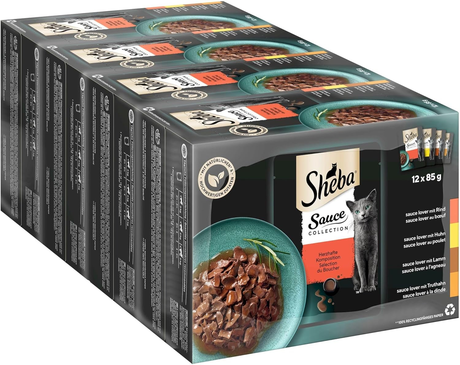 Hrană umedă pentru pisici Sheba Sauce Collection, în pliculețe porționate, pachet multiplu cu compoziție sărată, 4x12x85g