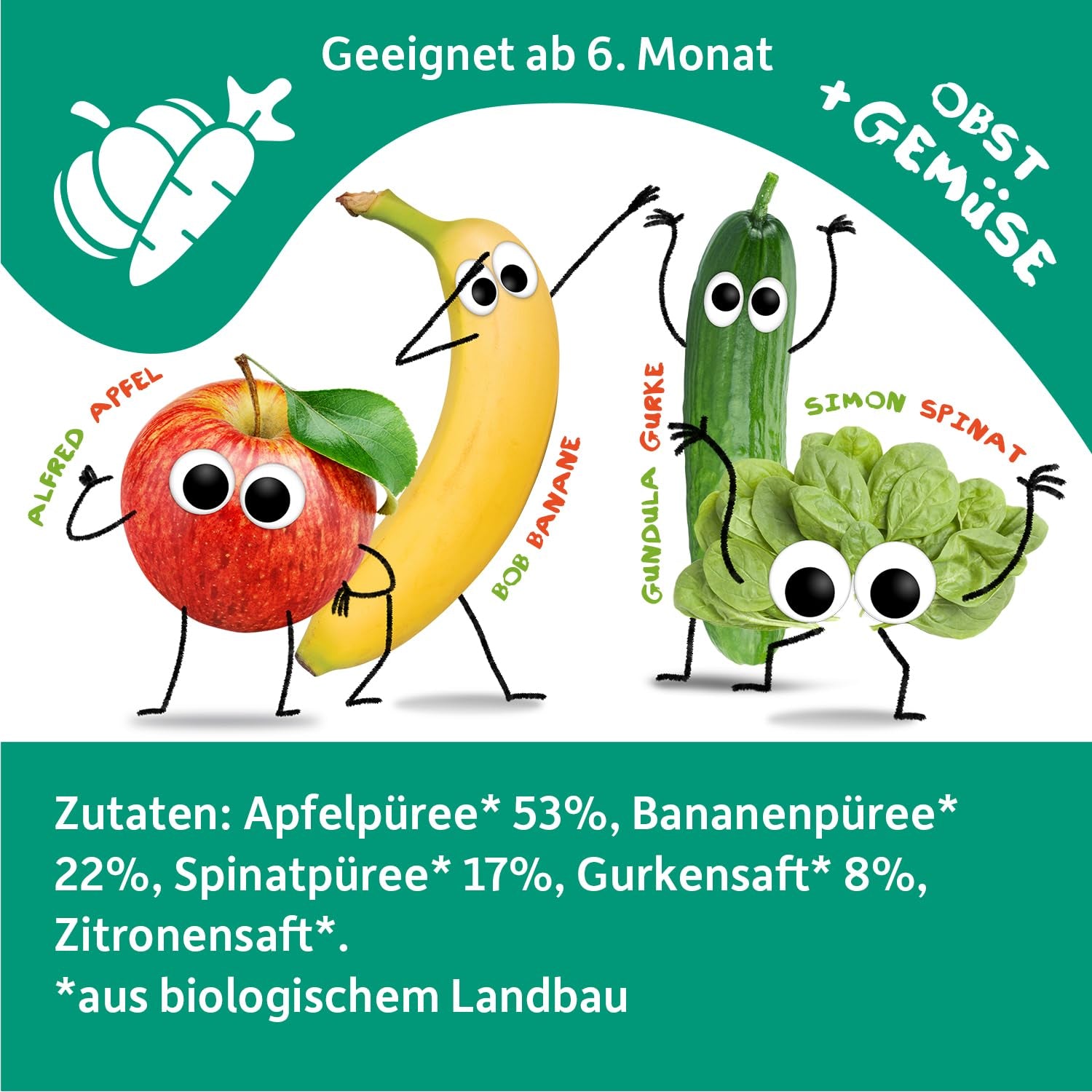 FRECHE FREUNDE Pungă de fructe bio, compresibilă, cu mere, banane, spanac și castravete, piure de fructe cu legume într-o pungă compresibilă pentru bebeluși de la 6 luni, vegan, pachet de 6 (6 x 100g)