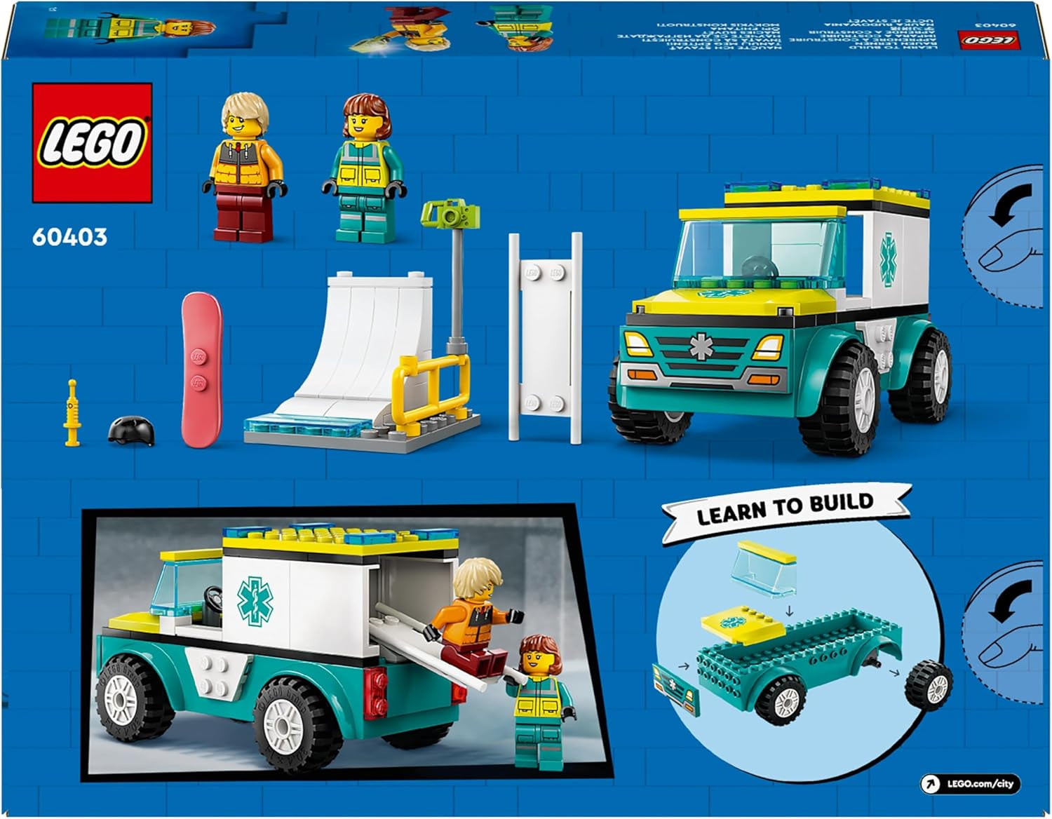 LEGO City Ambulanță și Snowboarder, Ambulanță Playset cu mașină de jucărie și 2 minifigurine, Snowboarder și Paramedic Figura, cadou imaginativ pentru băieți și fete de la 4 ani 60403 Seturi de constructie Besuche den LEGO-Store