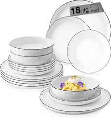 SÄNGER | Set de veselă Marlo cu margine neagră și albă, Set de veselă din porțelan cu 18 piese pentru 6 persoane, Alb cu accente negre, Farfurii de cină, Farfurii și boluri pentru desert, Design modern | COLECȚIA PREMIUM