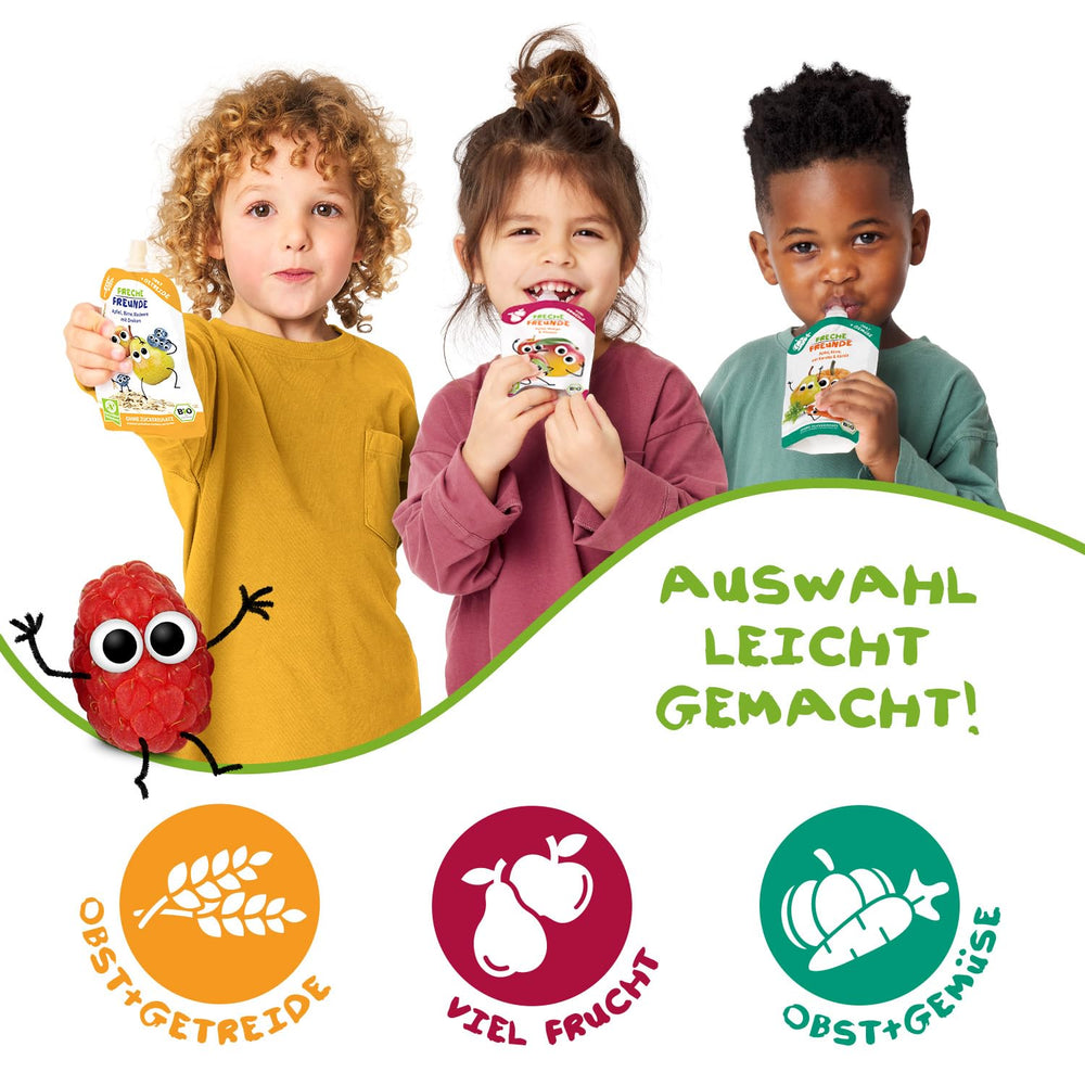 FRECHE FREUNDE Bio Quetschie Apfel, Birne & Maracuja, Fruchtmus mit Obst im Quetschbeutel für Babys ab dem 6. Monat, vegan, 6er Pack (6 x 100g)