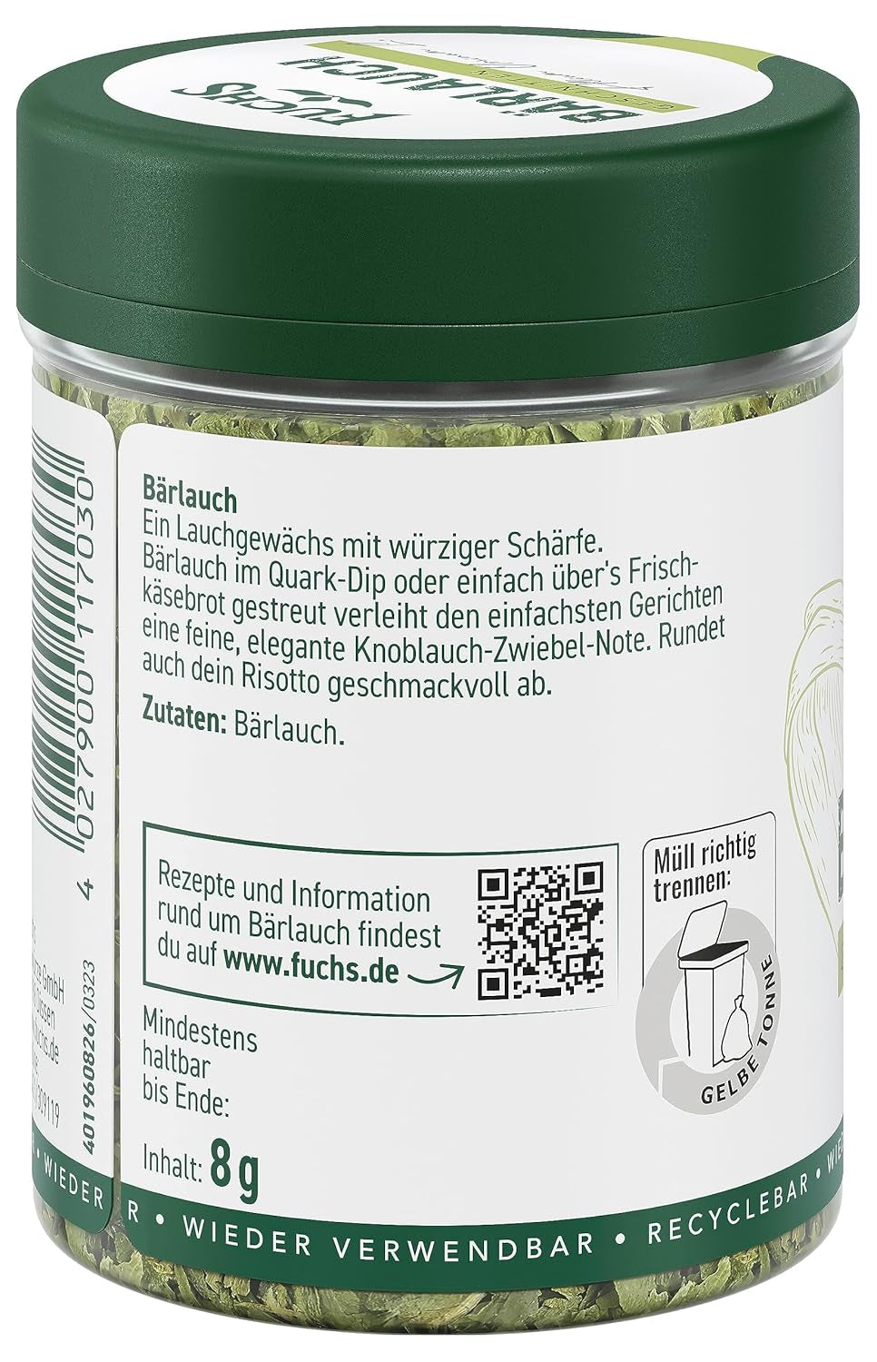 Fuchs Gewürze - Bärlauch geschnitten - würzige Schärfe für Quark-Dips, Frischkäse oder Risotto - natürliche Zutaten - 8 g in wiederverwendbarer, recyclebarer Dose