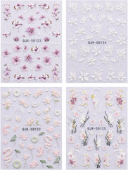 JMEOWIO 3D Nagelsticker Blumen Nail Art Sticker Selbstklebend Nagelaufkleber 5D Stereoskopisch Frühling Sommer Dekoration Nageldesign Zubehör 4 Blatt