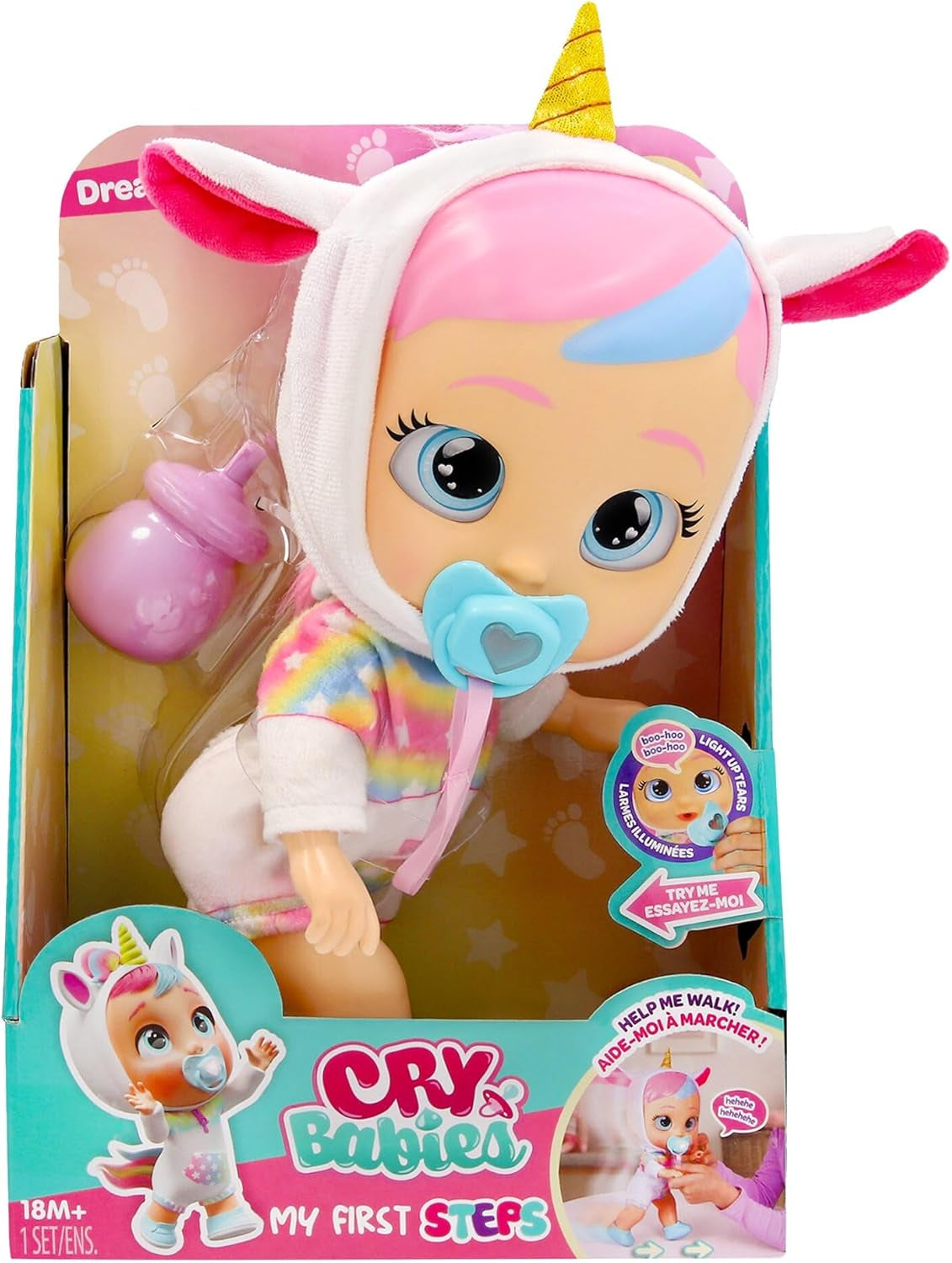 CRY Babies Dreamy Interaktive Puppe Hilf Dreamy bei ihren ersten Schritten – sie gibt über 10 Laute und Reaktionen von Sich und kann leuchtende LED-Tränen weinen. Kinder ab 3 Jahren.