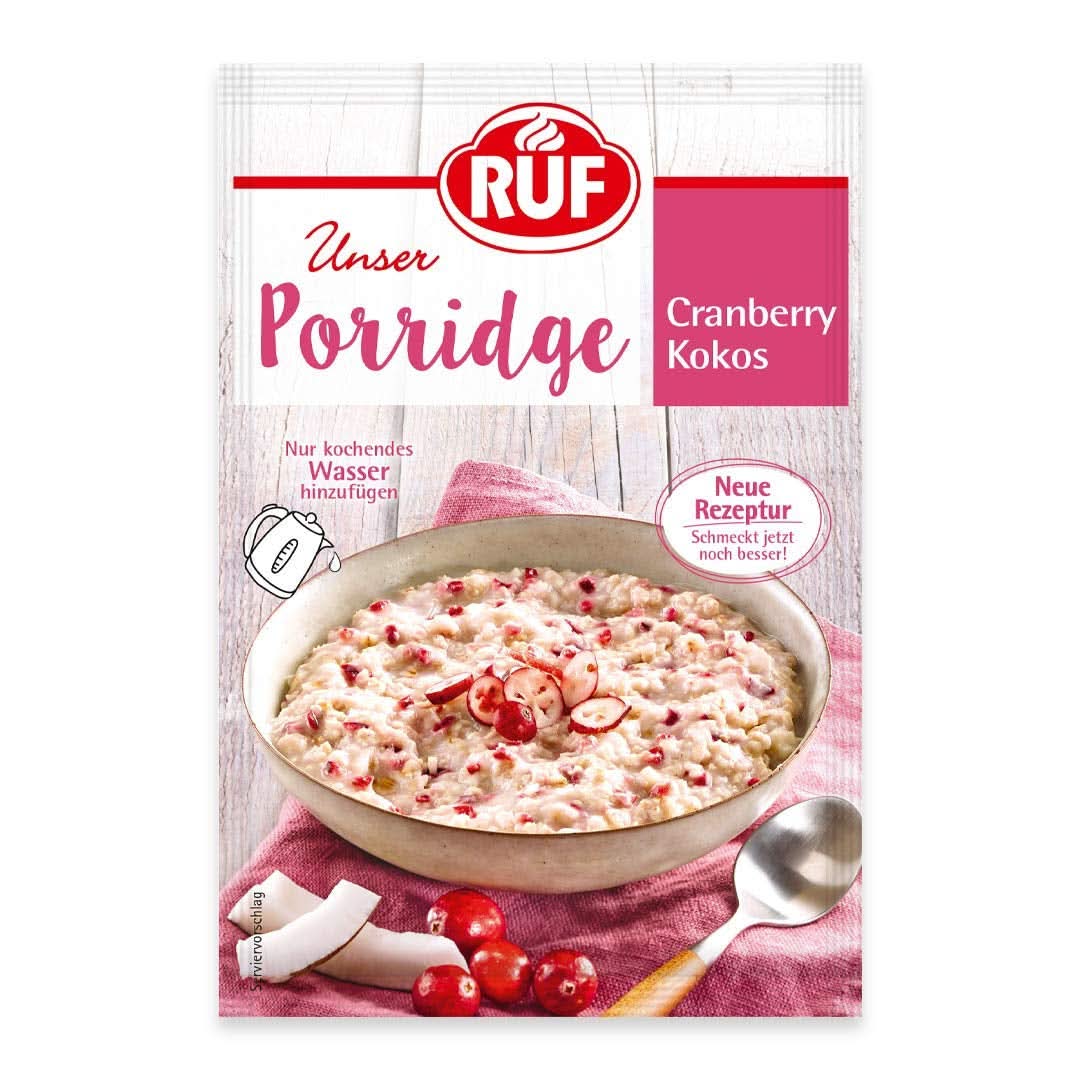 RUF Porridge Raspberry White Choc, Porridge instant cu bucăți de zmeură și ciocolată albă rasă, 65 de grame Cereale Naty Shop 65 grame Nucă de cocos cu merișoare