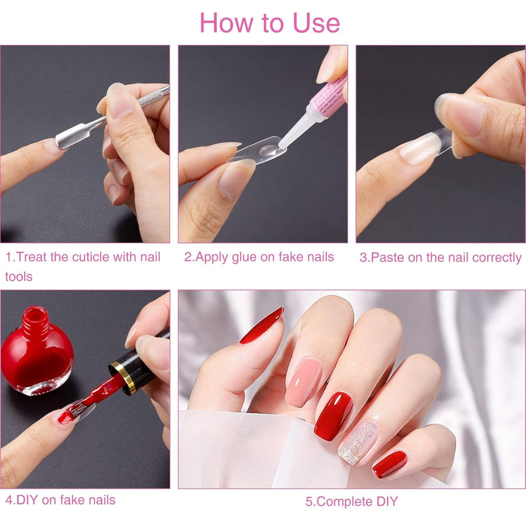 200 bucăți vârfuri de unghii false, 10 mărimi unghii artificiale acrilice cu împingător de cuticule și cutie transparentă pentru femei și fete (naturale și transparente)