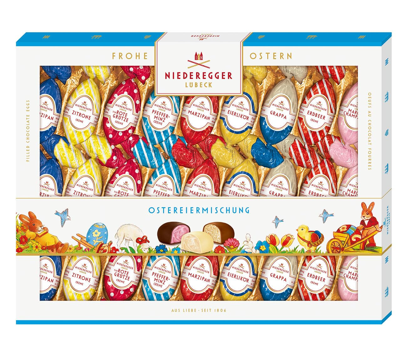 Niederegger | Mix pentru ouă de Paște | 1 x 337g | Ouă de Paște cu diverse umpluturi de marțipan și praline | Acoperite cu ciocolată neagră, cu lapte și albă | Cadou de Paște