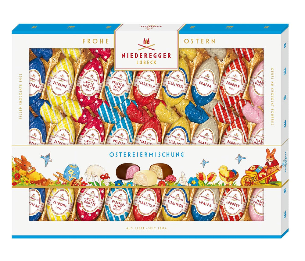 Niederegger | Mix pentru ouă de Paște | 1 x 337g | Ouă de Paște cu diverse umpluturi de marțipan și praline | Acoperite cu ciocolată neagră, cu lapte și albă | Cadou de Paște