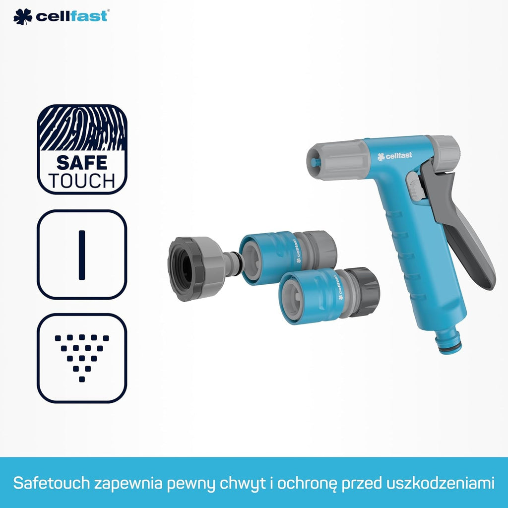 Set furtun de grădină Cellfast Ideal, robust, flexibil, cu 4 straturi, aspersor, rezistent la UV și alge, tehnologie Reach, 27 bar, -20/+60° pe termen scurt, 1/2 inch, 20 m