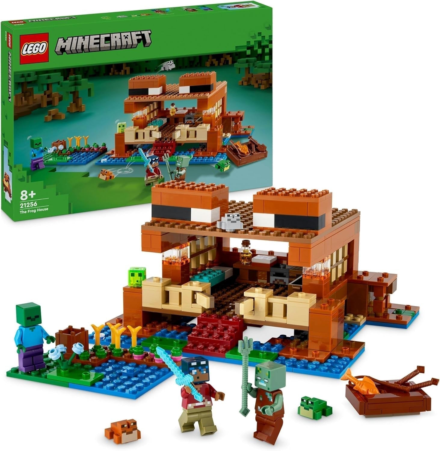LEGO Minecraft The Frog House, casă de jucărie cu figuri, inclusiv zombie, slime și om înecat, plus accesorii precum barcă de jucărie și banc de lucru, cadou pentru băieți și fete de la 8 ani 21256 Seturi de constructie Besuche den LEGO-Store Singur