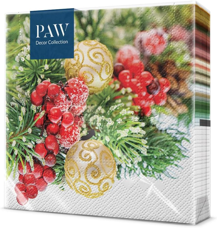 PAW - Șervețele 3 straturi (33 X 33 Cm) I 20 bucăți I Șervețele de hârtie colorate perfecte pentru masa de Crăciun I Șervețele - Crăciun, iarnă, ciulin, lampă I Bullfinch cu lampion