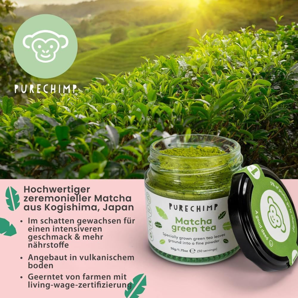 Pudră de matcha Purechimp de calitate ceremonială 50 g. Pudră de ceai 100% pură din culturi umbrite pentru latte, infuzii și rețete. Borcan reciclabil. Bogat în antioxidanți.