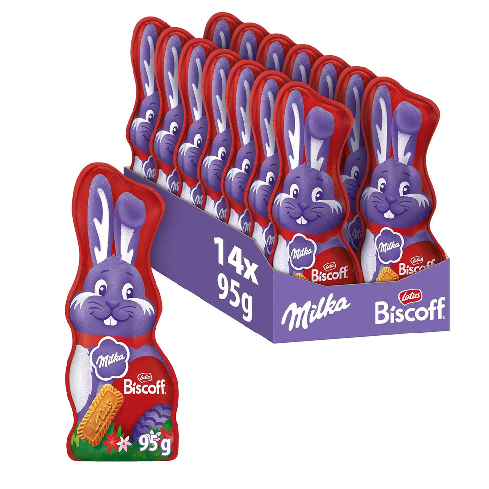 Milka Smiling Bunny Biscoff – delicat iepuraș de Paște cu ciocolată și bucăți de biscuiți Lotus Biscoff – 95g