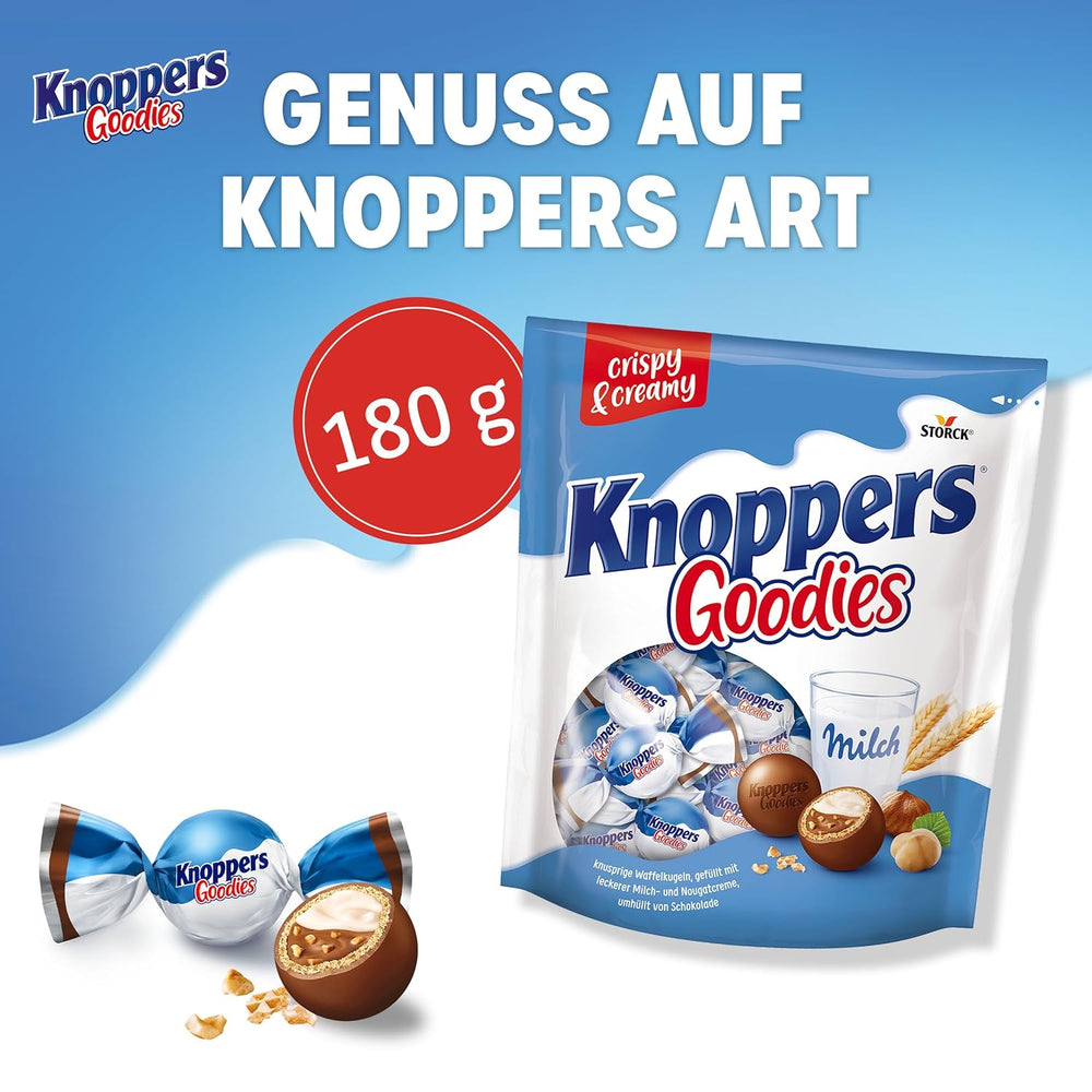 Knoppers Goodies Crunchy Minis – 1 x 180g – bile crocante de napolitană umplute cu bucăți de alune, lapte și cremă de nuga, acoperite cu ciocolată