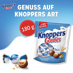 Knoppers Goodies Crunchy Minis – 1 x 180g – bile crocante de napolitană umplute cu bucăți de alune, lapte și cremă de nuga, acoperite cu ciocolată