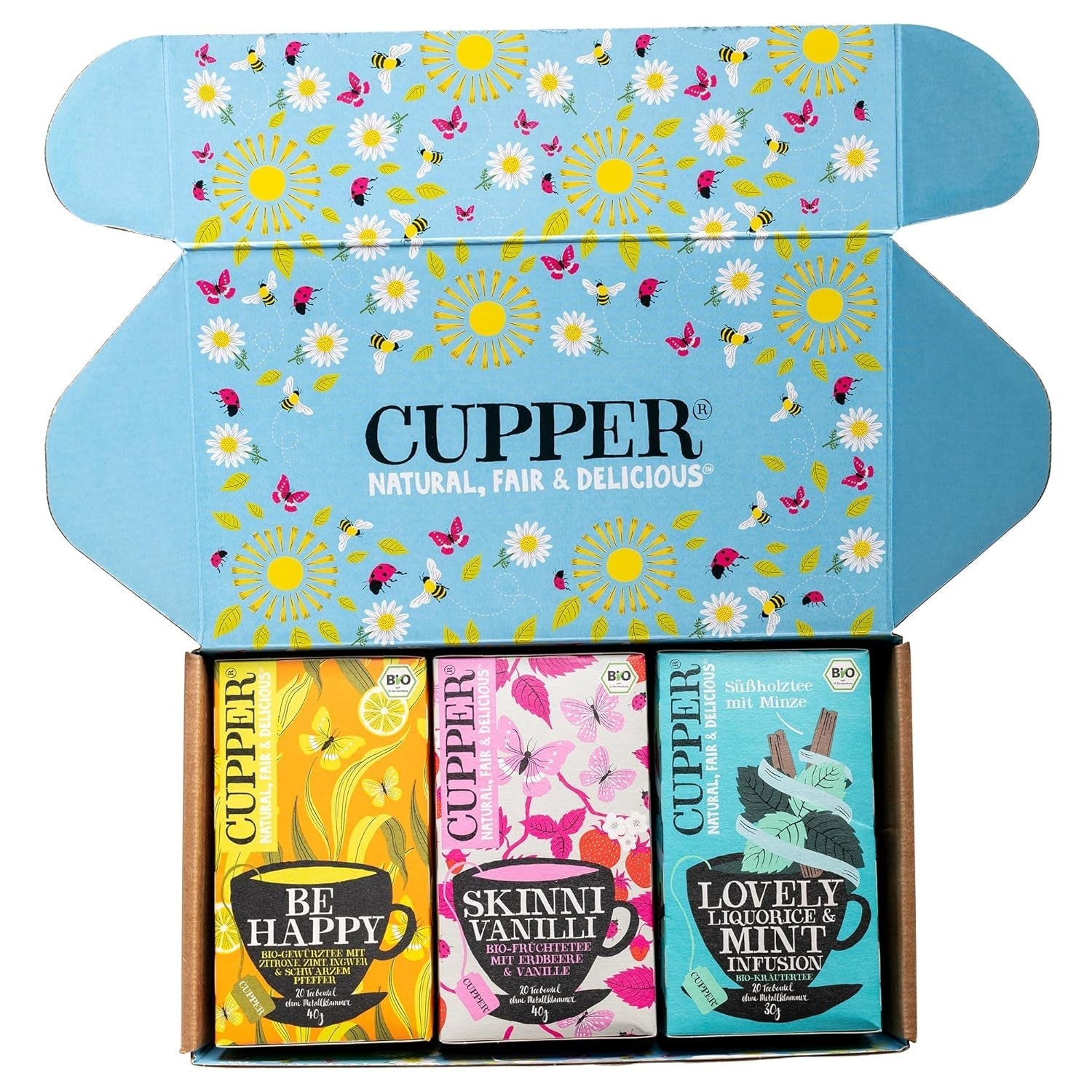 Set de ceaiuri bio Cupper „Fruity”, set cadou de ceaiuri, ceaiuri din fructe, trei sortimente diferite, 60 pliculețe de ceai nealbite, fără plastic, pachet de 3