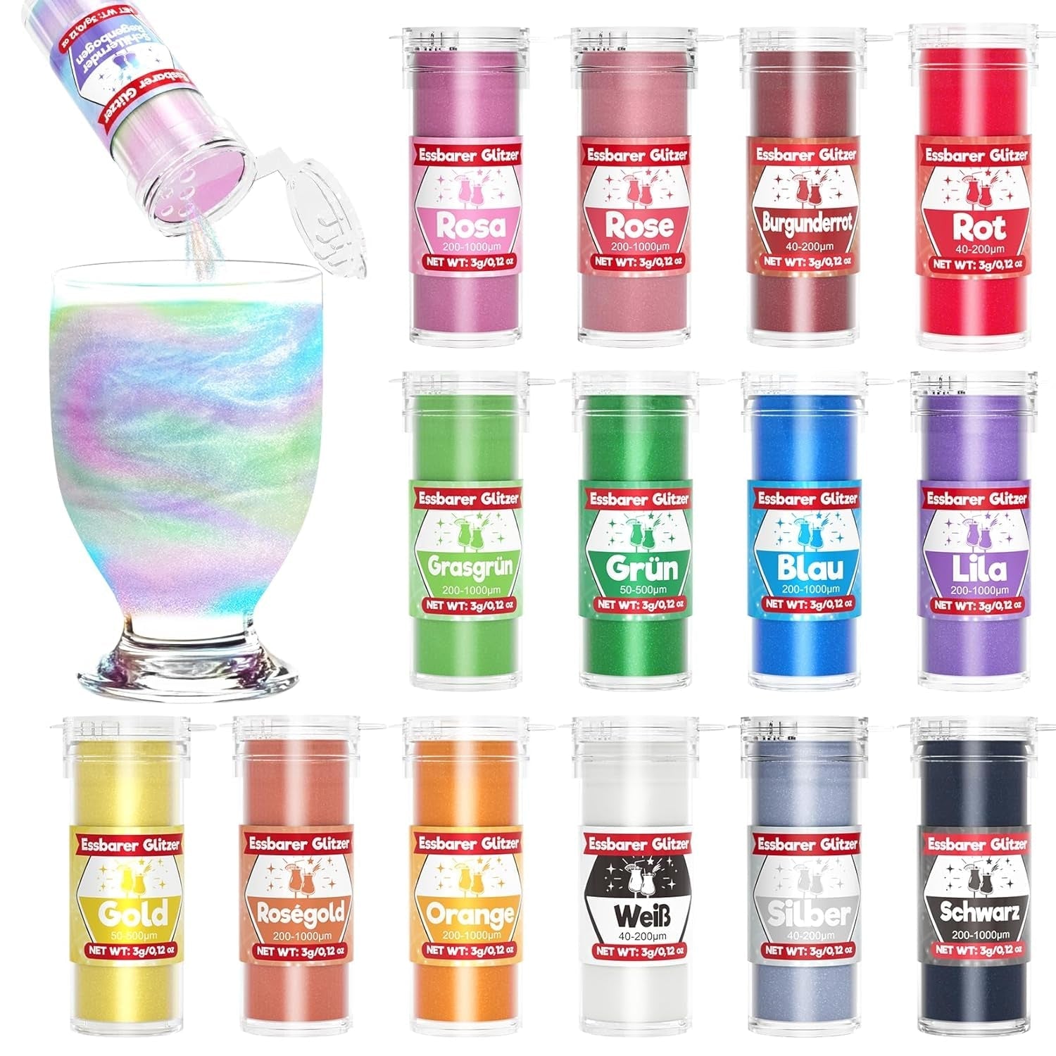 Sclipici comestibil pentru băuturi și prăjituri - 15 culori colorant alimentar pudră (3g/culoare) | Sclipici comestibil fără schimbare de aromă | Ideal pentru cocktailuri, prăjituri, deserturi și decorațiuni pentru copt