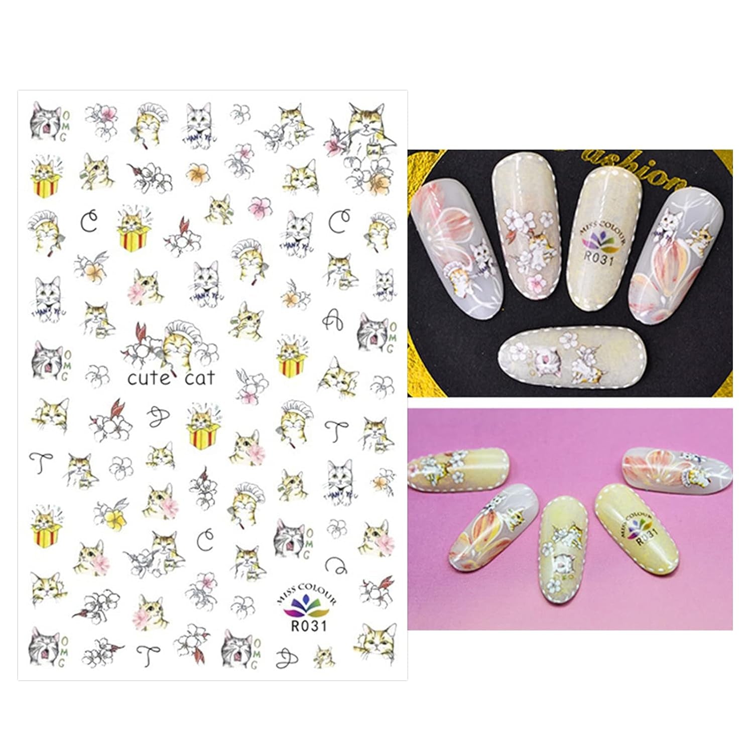 JMEOWIO Nagelsticker Tierische 8 Blatt Nail Art Sticker Selbstklebend Nagelaufkleber Katze Niedlich Dekoration Nageldesign Zubehör