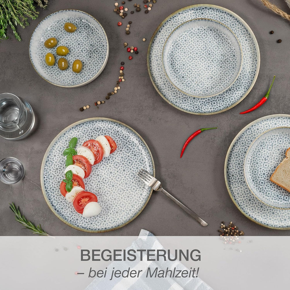 Set de veselă Moritz & Moritz ALHAMBRA pentru 6 persoane, 18 piese, din porțelan de înaltă calitate - veselă modernă albastră - set ușor de întreținut, inclusiv 6 farfurii de cină, 6 farfurii de desert și 6 boluri