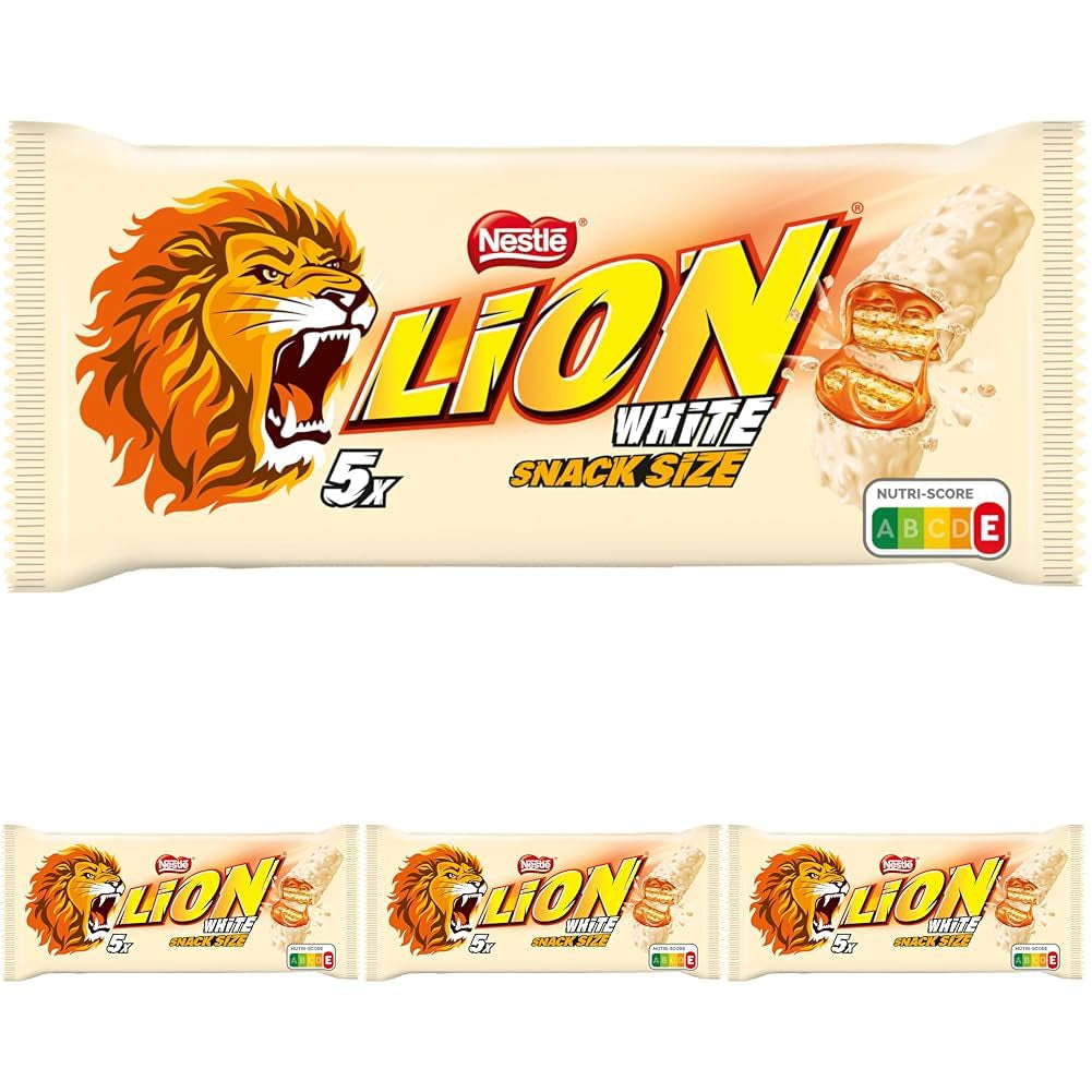 Nestlé LION Multipack, batoane de ciocolată cu glazură albă, umplutură delicioasă de caramel și napolitană crocantă, pachet mare de bomboane, pachet de 4 (5 x 30g fiecare)