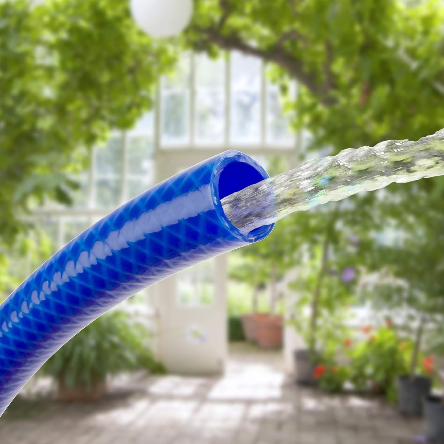 Set furtun de grădină TATAY Blue Line 10 metri Ø5/8" 15mm, 3 straturi, fabricat în Spania, rezistență 28 bar și +60°/-20°, împletit, fără cadmiu și plumb, fără BPA, anti-UV. Culoare albastru.