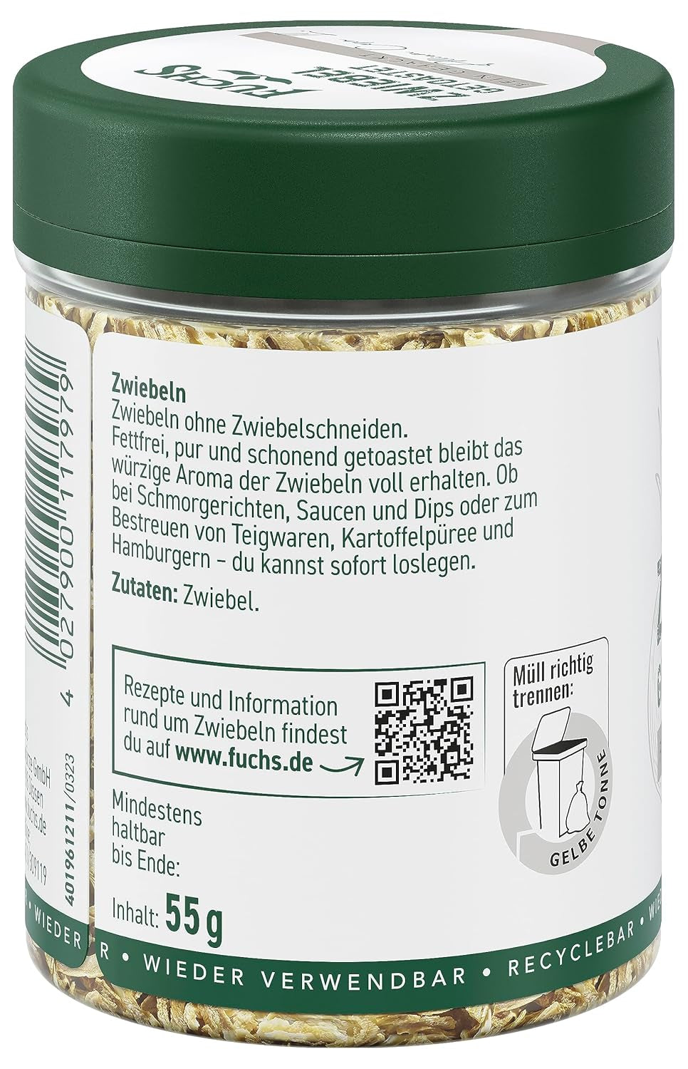 Fuchs Gewürze - Zwiebel getoastet - fein gehackte Zwiebeln für Dips, Schmorgerichte oder Hamburger - natürliche Zutaten - 55 g in wiederverwendbarer, recyclebarer Dose