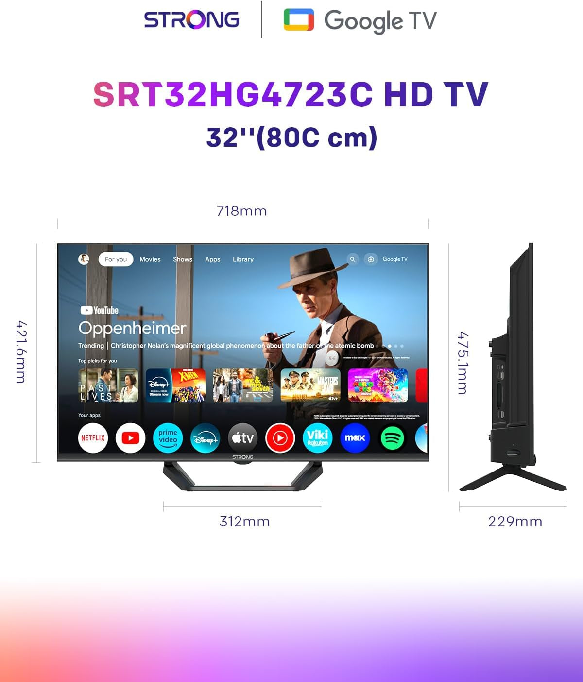 Televizor HD STRONG SRT32HG4723C de 32'' - DVB-S2/C/T2, 12V Ideal pentru autorulote, bucătării, dormitoare, bărci, 2 porturi HDMI + 1 port USB + Mini-AV + conexiune antenă/satelit - Negru